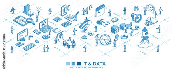 Fototapeta Information data technology isometric seamless pattern. Database program line 3d icon, people character, arrow. Develop business infograph. Vector background teamwork concept illustration. IT journey