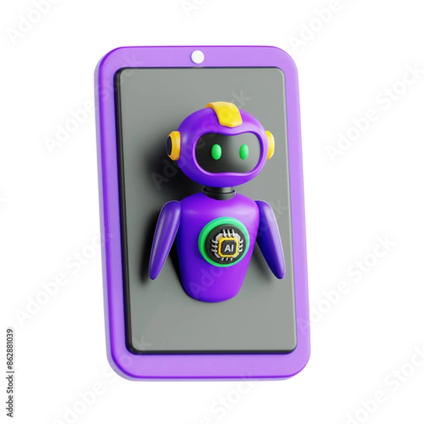 Fototapeta Ai artificial intelligence robot pop out from smartphone screen for digital mobile personal assistance 3d icon illustration render design