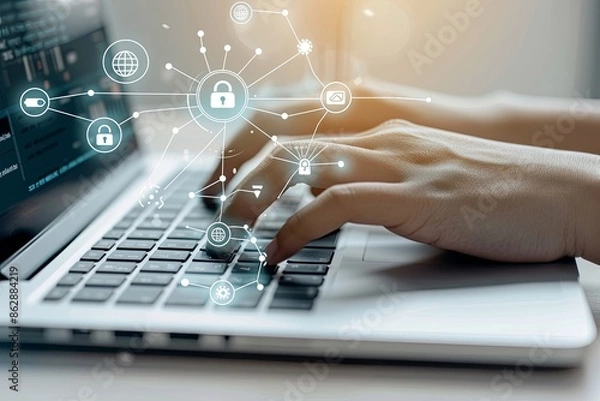 Fototapeta Data protection concept: Typing on laptop with security icons