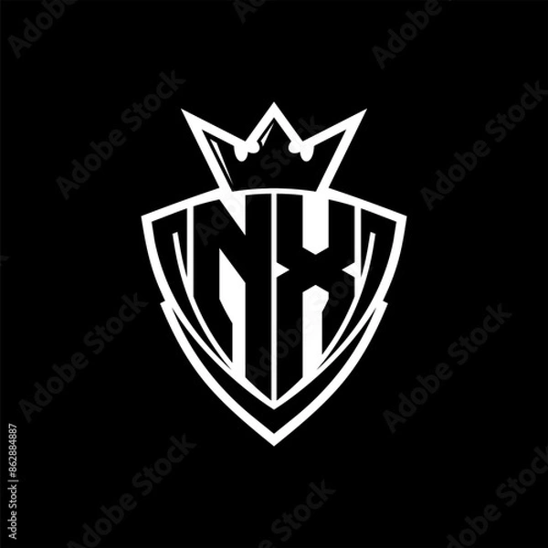 Fototapeta NX Letter logo with sharp triangle shield shape with crown inside white outline on black background template design