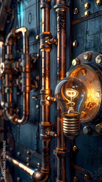 Obraz Vintage light bulb surrounded by metal and steampunk elements