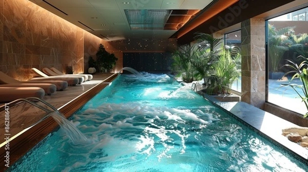 Fototapeta A large indoor pool with a waterfall and plants
