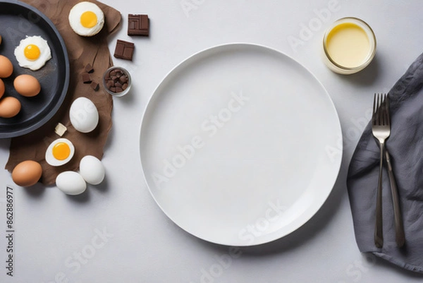 Fototapeta Cake theme with a selection of cake essentials such as oil, butter, chocolate, sugar, eggs and flour