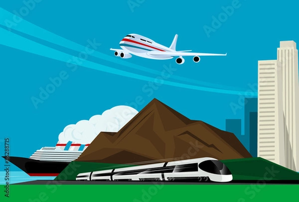 Fototapeta background image with train, plane and cruise ship