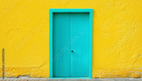 Fototapeta A wall with yellow texture, a turquoise blue door in the center, highlighting the wall, with empty space for text