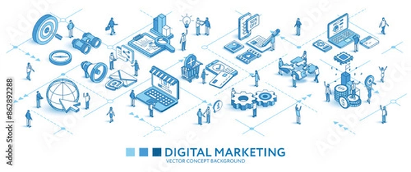 Fototapeta Digital marketing journey isometric seamless pattern. Line 3d icons, people characters, arrows. Develop, business infograph. Vector background teamwork concept illustration. Advertising strategy, seo