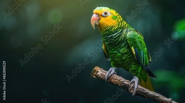 Fototapeta Portrait photography of Double Yellow-headed Amazon bird catch standing on wood stick , studio shot isolated on single color background ,editorial style, shoot by DSLR .