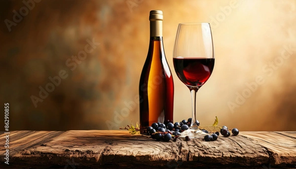 Fototapeta A bottle of wine and a glass in the foreground on a rustic wooden table, positioned on the right, against a diffuse background, with empty space on the left for text.