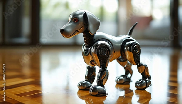Fototapeta A robo dog in the foreground on a bright parquet floor, in a room, with empty space for text.