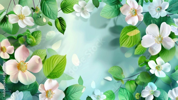 Fototapeta Spring-themed background with pastel flowers and green leaves