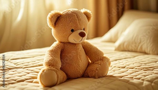 Fototapeta A teddy bear in the foreground on a bed with a light yellow quilt, in the bedroom, with empty space for text.