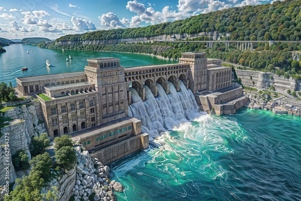 Obraz A grand, concrete dam situated between a lush hillside and a vast body of water. The dam features multiple arched spillways with cascading water, a central powerhouse.