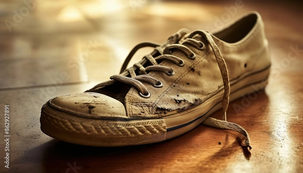 Fototapeta An old sneaker in the foreground on a polished wooden floor in the bedroom, with space for text.