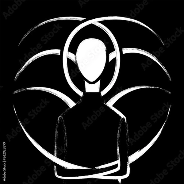 Obraz Unknown man without face crosses slender sharpened arms, long scary tentacles spreads on background, black and white icon or emblem