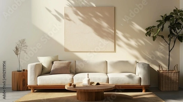 Obraz frame mockup, home room interior with sofa, framed wall poster
