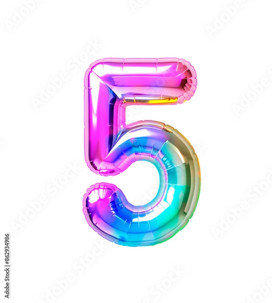 Obraz AI generated photo with inflatable multicolored neon number 5. Minimalistic balloon isolated on a transparent background