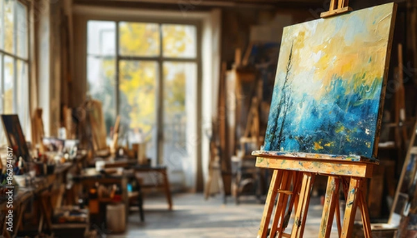 Fototapeta An atelier presenting a selection of fundamental items. In evidence, an easel partially painted with contemporary art, placed on the right, against a blurred background, with free space on the right f