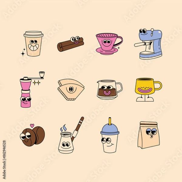 Obraz Сollection of coffee items. Coffee shop, barista. Coffee. Character design, groovy. Vintage, retro characters.