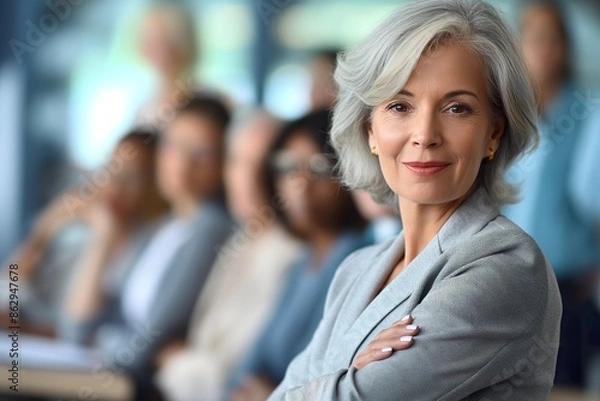 Fototapeta A confident older woman in a business suit stands out in a meeting with other professionals in the background.