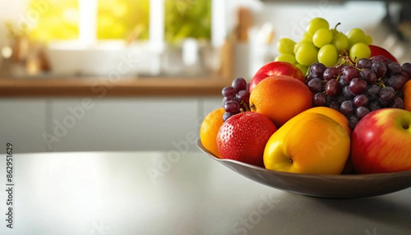 Fototapeta A side-angle close-up of a fruit bowl in a kitchen, against a diffuse background, with empty space on the left for text.