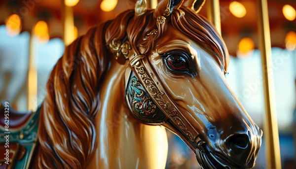 Fototapeta a foreground close-up, head of a carousel horse, against a diffuse background.