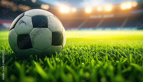 Fototapeta A foreground close-up of a soccer ball on a stadium lawn, against a diffuse background, with empty space on the right for text.