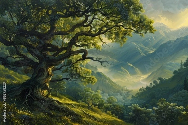 Fototapeta Ancient Oak Tree Overlooking a Misty Valley.