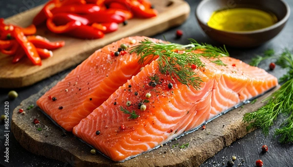Fototapeta In the foreground, two salmon fillets, on a rustic wooden table, with fresh herbs.