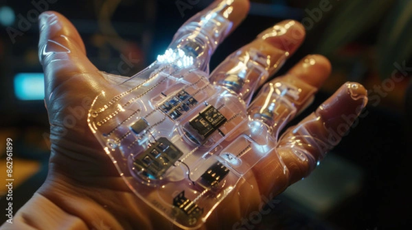 Obraz human microchip implant in the palm, Generative AI