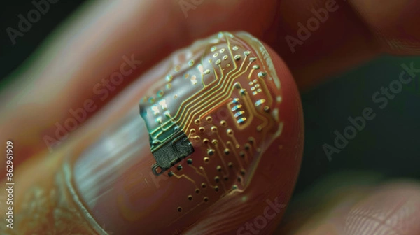 Obraz human microchip implant in nail, Generative AI