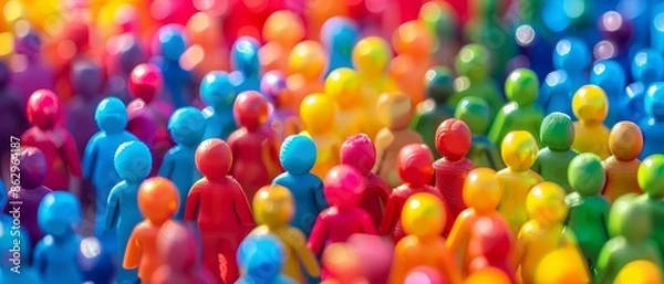 Obraz Many blue, red and yellow plastic human figures are standing together in close proximity.
