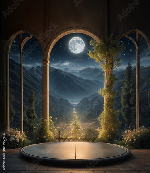 Fototapeta Spring night empty podium image with magical fantasy atmosphere with trees, arch architecture, mountains, trees, flowers, moon.
