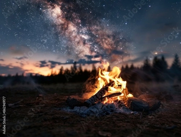 Fototapeta Glowing campfire with the Milky Way galaxy visible in the night sky, creating a serene and magical outdoor scene.