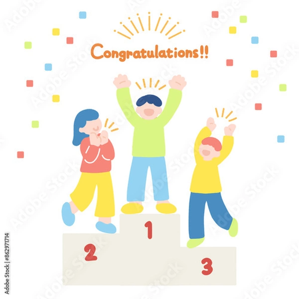 Fototapeta 表彰台と喜ぶ人々のおめでたいフラットなイラスト（セット）
