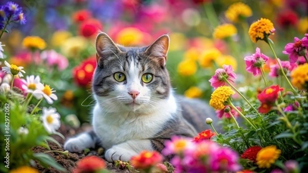 Fototapeta Adorable grey and white cat lying amidst vibrant colorful flowers and lush greenery, creating a serene and peaceful atmosphere perfect for wallpaper.