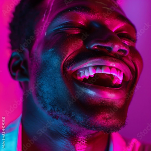 Obraz man laughing , in the style of photo-realistic compositions, neon pop, close up, warmcore, emotive faces, photo-realistic hyperbole, in the style of magenta, contemporary candy-coated, high gloss, vib