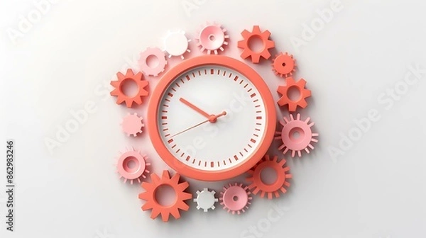 Fototapeta A 3D-rendered image of a clock surrounded by various interlocking gears in shades of orange and pink, representing the concept of time management and the interconnectedness of business processes.