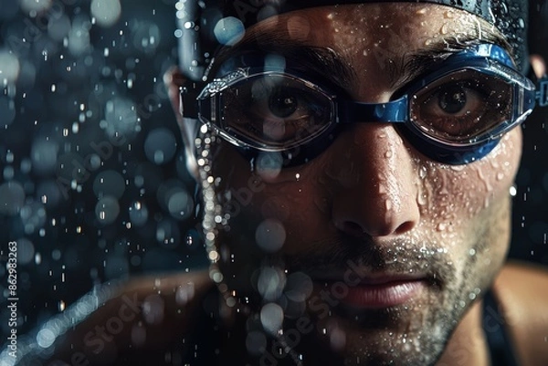 Obraz Portrait of an elite swimmer, dramatically lit from above in a minimalist studio, with glistening water droplets on chiseled features