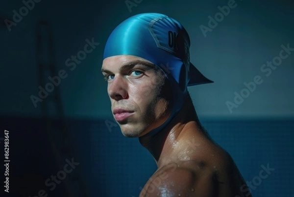 Fototapeta Portrait of an elite swimmer, dramatically lit from above in a minimalist studio, with glistening water droplets on chiseled features
