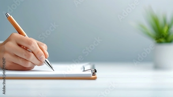 Fototapeta A close-up of a hand holding a pen and writing on a clipboard.
