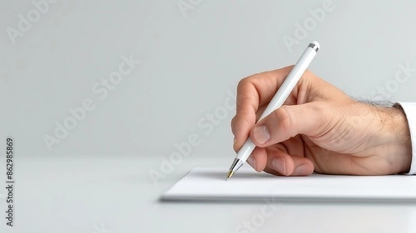 Fototapeta A hand holding a pen and writing on a paper.