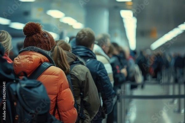 Fototapeta Travel Check-in Chaos: A Crowded Scene at the Airport Check-in Counter, Where Travelers Queue Up for Flights Amidst the Busy Terminal Atmosphere.