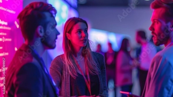 Fototapeta Professionals networking at a vibrant technology conference, engaging in discussions under colorful lighting.