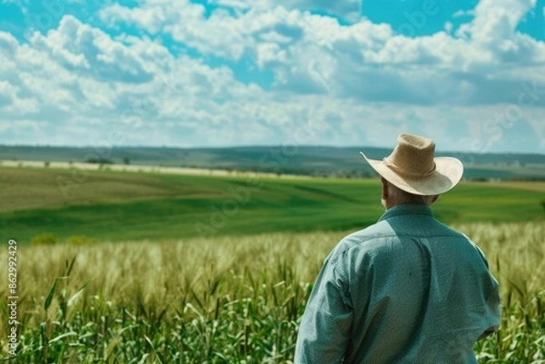 Obraz Farmer looking at his beautiful contrasting field