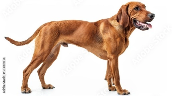 Fototapeta Joyful Redbone Coonhound Poses Happily on White Background