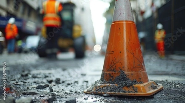 Fototapeta Close-up of a traffic cone on a street during construction. Blurred construction worker and urban background