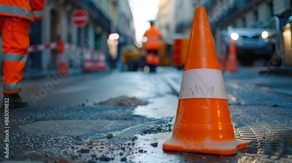 Fototapeta Close-up of a traffic cone on a street during construction. Blurred construction worker and urban background
