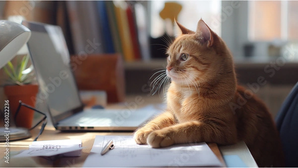 Fototapeta cat sitting in the office and studying