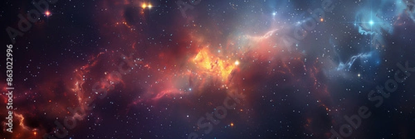 Obraz Enchanting Cosmic Vista: A Stellar Journey Through the Star-Studded Infinity of Space. Universe, stars, deep space. Wide Horizontal Template, poster, banner, cover, header. Generative Ai content