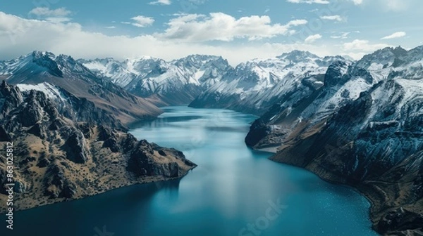 Obraz Panoramic aerial view of snowy mountains. Free space.